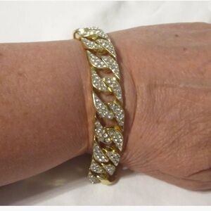 Chunky, Gold Tone With Rhinestones Cuban Chain Link Bracelet, EUC